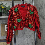 33 Degrees Tinsel Garland Holiday Bells Front Tie Cardigan Red S