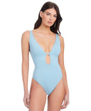Sanctuary Refresh Rib Plunging Lace Back Mio One-Piece Swimsuit Blue Chateau L