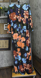 24seven Comfort Apparel 3/4 Sleeves Side Slit Maxi Dress Black Multi Print 3X