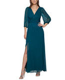DKNY Chiffon Balloon-Sleeve Faux Wrap Side Slit Maxi Dress Forest Green 8