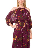 MSK Petite Floral Printed Cold-Shoulder Shear Pleated Jumpsuit Plum Purple PS