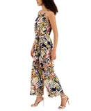 Studio by JPR Leg Scoop Neck Keyhole Self Tie Faux Wrap Cropped Jumpsuit Blue S