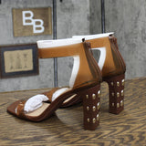 I.N.C. International Concepts Faux Leather Studded Ankle Strap Heels Brown 9.5M