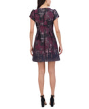 Vince Camuto Womens Jacquard Fit & Flare Puff-Sleeve Dress Wine Red Multi 16