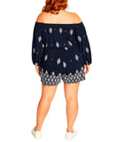 City Chic Off-Shoulder Puff Sleeve Embroidered Romper Navy Blue / White 16W