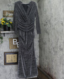 Betsy & Adam Ruched Surplice V Neck Long Sleeved Dress Black / Silver 16