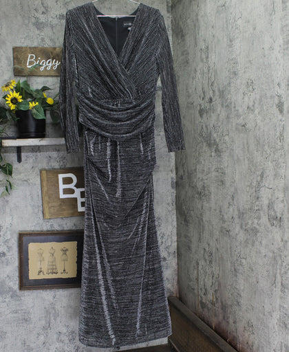 Betsy & Adam Ruched Surplice V Neck Long Sleeved Dress Black / Silver 16