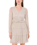 1. STATE Womens Metallic Crinkled Tiered V-Neck Dress Silver Gray / Gold XS