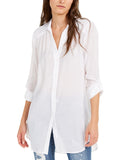 INC International Concepts Tab Long Sleeve Collared Tunic Blouse Bright White M