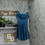 City Studios Juniors Draped Sleeveless Satin Fit Flare Dress Teal Blue Green 7/8