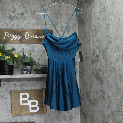 City Studios Juniors Draped Sleeveless Satin Fit Flare Dress Teal Blue Green 7/8