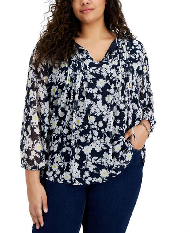 Tommy Hilfiger Womens Plus Size Printed Pintucked Top W2AMP178