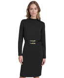 Halston Womens Mock-Neck Belted Long-Sleeve Dress HS4I2AYE Black M