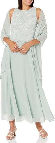 J Kara Womens Petite Sleeveless Scallop Long Beaded Dress with Scarf Celadon 10P