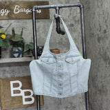 Universal Thread Womens Cropped Sleeveless Denim Halter Shirt Light Wash Blue L