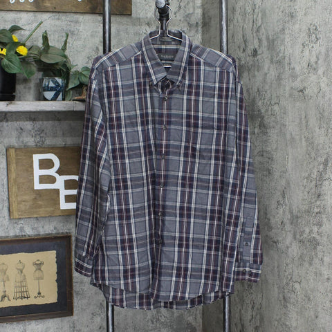 Van Heusen Mens Broadcloth Wrinkle Free Dress Shirt Gray Plaid L 16-16 1/2