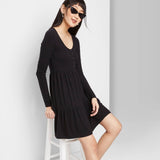 Wild Fable Women's Long Sleeve Round Neck Tiered Babydoll Mini Dress Black XS