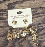 Fashion Ribbon Bow Stone Crystal Necklace Earring Set Gold / Blue 14" + 3.5"