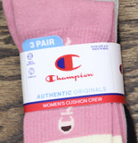 Champion Womens Varsity Striped 3pack Cushion Crew Socks Pink Multi 4-10