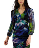 Tahari Asl Women's Printed Long-Sleeve Ruched Mesh Dress 2AM431-T2