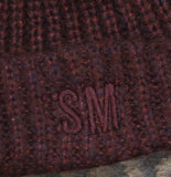 Steve Madden Womens Marled Knit Beanie Cuffed Shimmer Chunky Logo Merlot Red