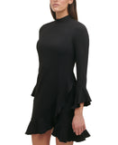 Tommy Hilfiger Womens Mock Neck Ruffled Long Sleeve Cocktail Midi Dress Black 12