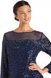 R&M Richards Women's Sequin Long Sleeve Knee-Length Evening Dress Navy Blue 6P