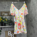 Aqua Belted Woven Tile Puff Sleeve V-Neck Dress IDO12876 Pink Multi XL