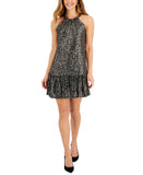 Taylor Women's Sequined Flounce-Hem Halter Dress 3083M Flaxen Seal Black 8