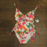 Bar III Bermuda Babe One-Piece Swimsuit Ruched Tassel Side tie White Multi XS