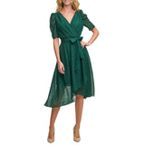 Tommy Hilfiger Self Tie Puff Sleeve Clip Dot Chiffon Midi Dress Spruce Green 14