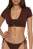 Trina Turk Womens Glimmer Lace-up Crop Swim Top 3683755 Totem Brown Lurex 4