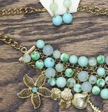 G by Comet Beaded Multirow Earring Necklace Set Gold / Turquoise Blue 18" + 3"