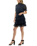 Crystal Doll Printed-Chiffon Short Sleeve Fit Flare Dress Navy Blue / White S