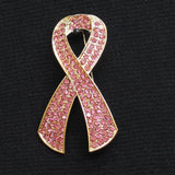 Rhinestone Ribbon Cancer Awareness Brooch Gold / Pink 2.75"