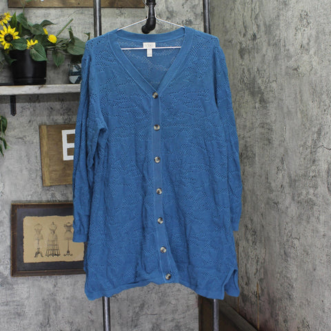 Logo By Lori Goldstein Button Front Cotton Cardigan Sweater Blue Slate 1X