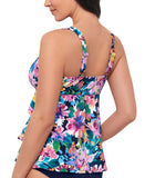 Swim Solutions Garden Swan Triple-Tiered Tankini Swim Top Navy Blue Multi 12