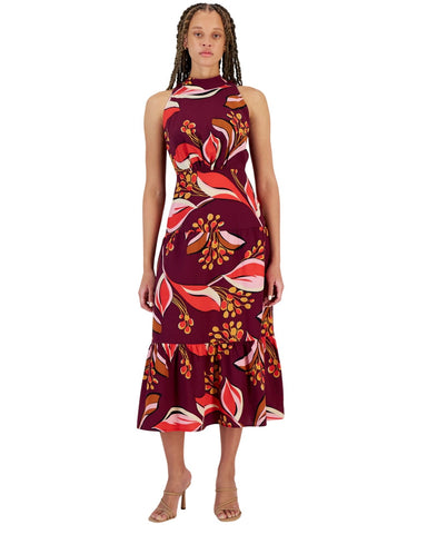 Sam Edelman Women's Hoyal Large Floral High-Neck Dress Wine Multi Red 4