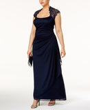 X By Xscape Plus Size Ruched Lace Gown Dress XC121W Navy Blue 14W