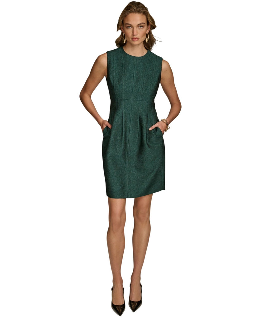 Donna Karan Jacquard Sheath Shimmer Round Neck Sleeveless Dress Spruce Green 12