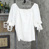 Pearl Global Women Square Neck Tie Sleeve Pinktuck Blouse White See Measurements