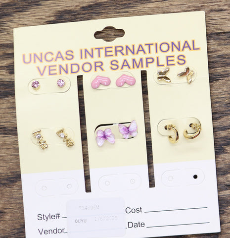 6 Pack "Love" Rhinestone Butterfly Heart Stud Huggie Earrings Gold / Pink