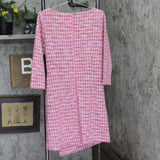 Halston Tweed Faux Wrap Embellished 3/4 Sleeve Shift Dress Fuchsia Pink 12