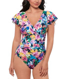 Swim Solutions Neck Garden Dreams Flutter One-Piece Swimsuit Navy Blue Multi 12