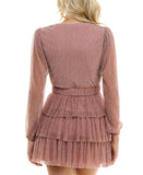 B. Darlin Metallic V-Neck Belted Ruffled Tiered Sheer Sleeved Dress Pink 5/6