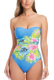 Bleu Rod Beattie Shirred Bandeau One-Piece Swimsuit Lets Get Away Print Blue 10