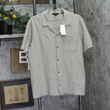 Vince Mens Short Sleeve Seersucker Cuban Cabana Shirt Putty Brown Gray L