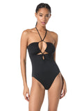 Michael Michael Kors Solid Lace-Up Keyhole Halter One-Piece Swimsuit Black 8