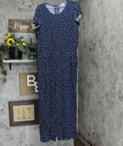 Time and Tru Ruffle Sleeve Tie Back Unlined Jumpsuit Blue / White Polka Dot XXL