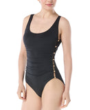 Carmen Marc Valvo Womens Beaded Scoop Neck One-Piece Swimsuit C10377 Black 12